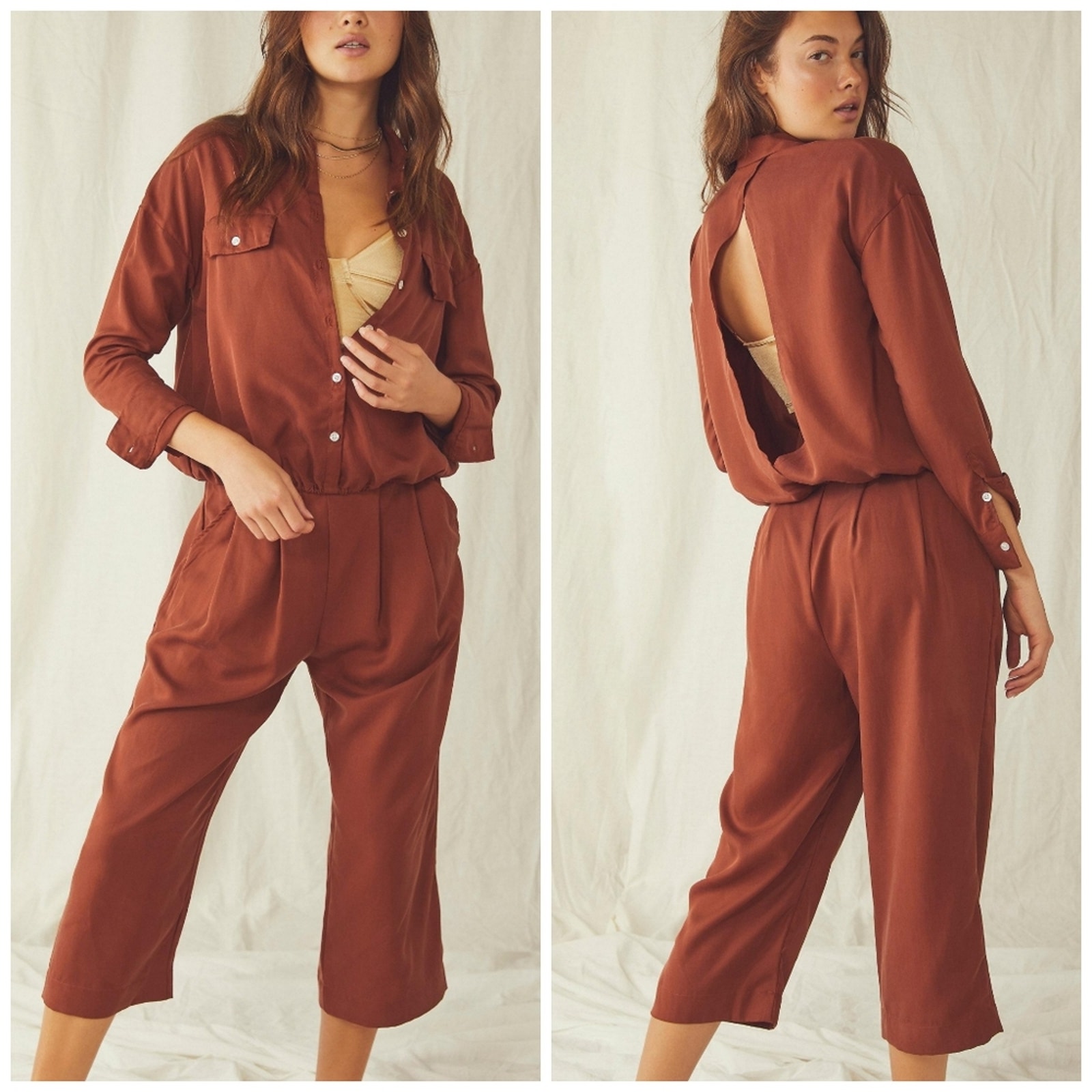 Nwt Free People Yasmin Open Back Button Up Cropped Pant Set Size 0